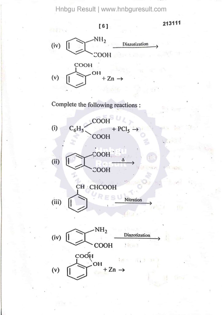  A scanned copy of the previous question paper for the HNBGU B.Sc. Chemistry 3rd Sem Previous Question Paper. The paper includes questions on all the major topics covered in the course, such as Solutions, Phase Equilibria, Conductance, Electrochemistry and Functional Group Organic Chemistry-II.