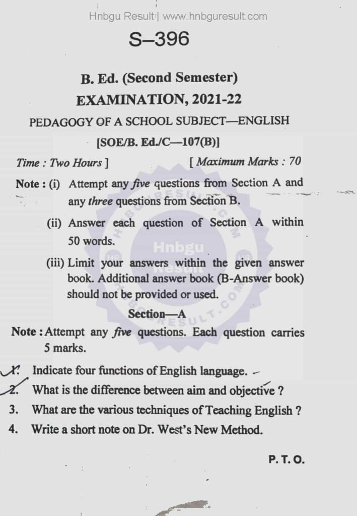  A scanned copy of the previous question paper for the HNBGU B.Ed. pedagogy of a school subject-english 2nd Sem Previous Question papers. The paper includes questions on all the major topics covered in the course, such as pedagogy of a school subject- english.