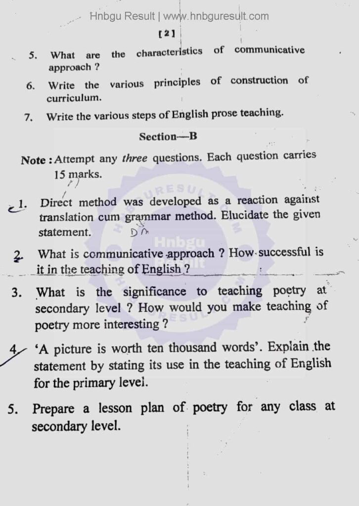  A scanned copy of the previous question paper for the HNBGU B.Ed. pedagogy of a school subject-english 2nd Sem Previous Question papers. The paper includes questions on all the major topics covered in the course, such as pedagogy of a school subject- english.